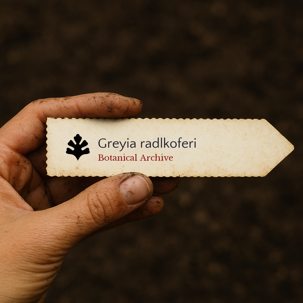 Printed plant label for Greyia radlkoferi held by dirty hand with soil background
