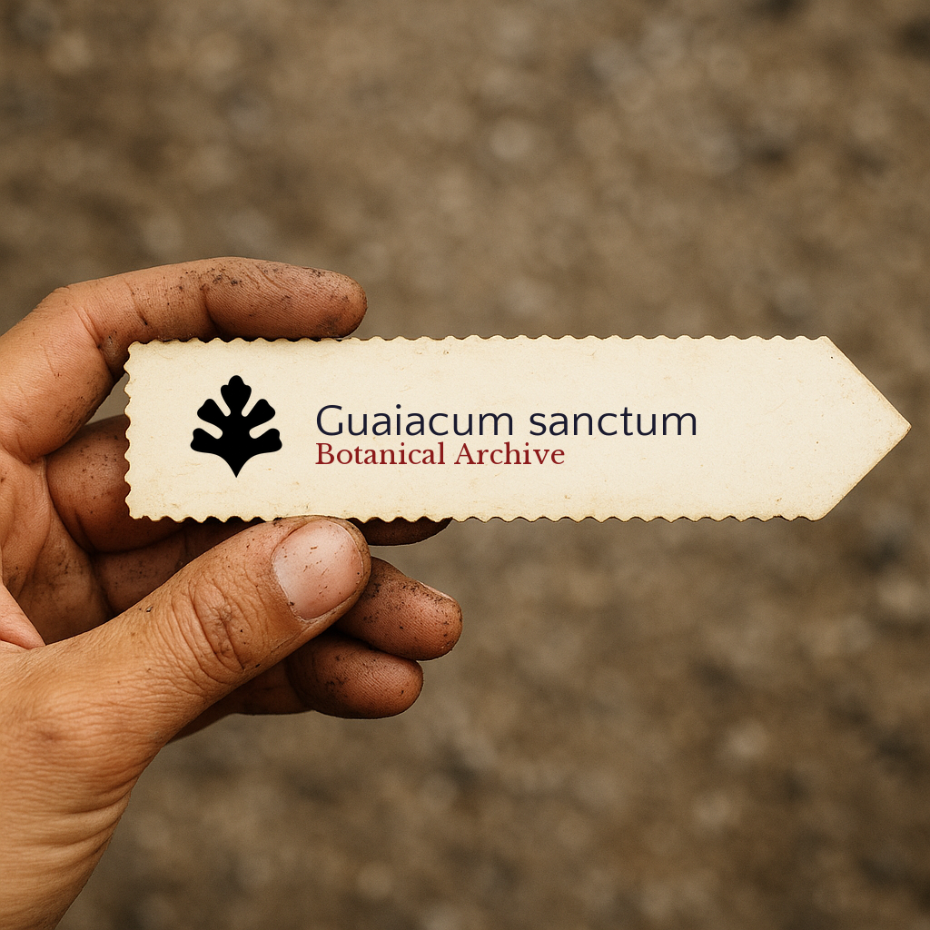 Etichetta per pianta stampata per Guaiacum sanctum tenuta in mano con sfondo di terreno