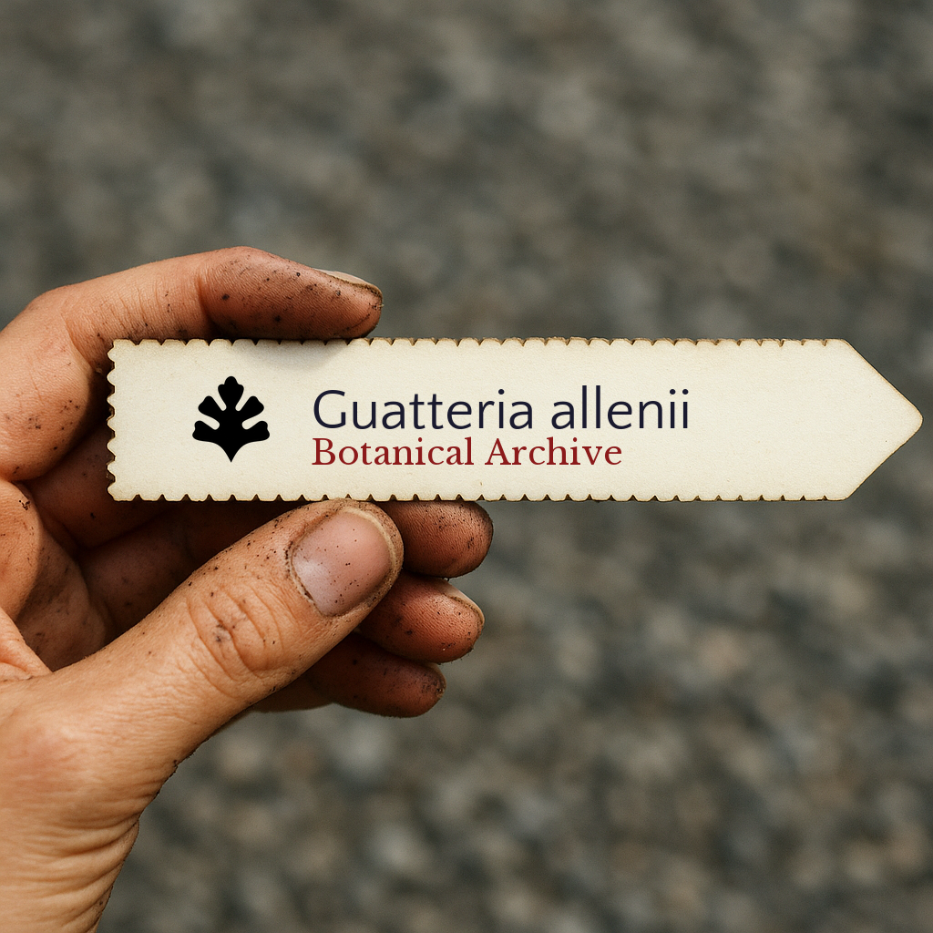 Etichetta vegetale stampata per Guatteria allenii tenuta da mano sporca all'aperto