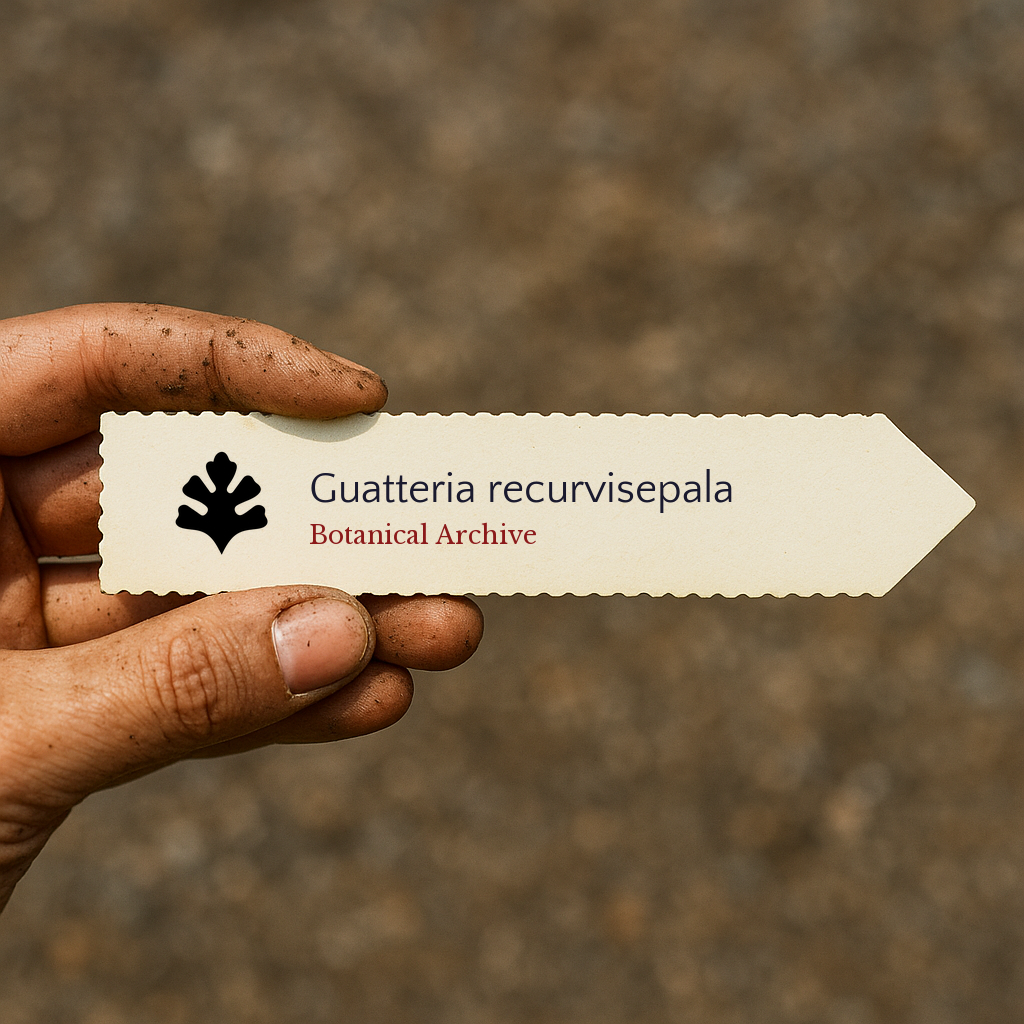 Etichetta per pianta stampata per Guatteria recurvisepala tenuta a mano con terra sulle dita