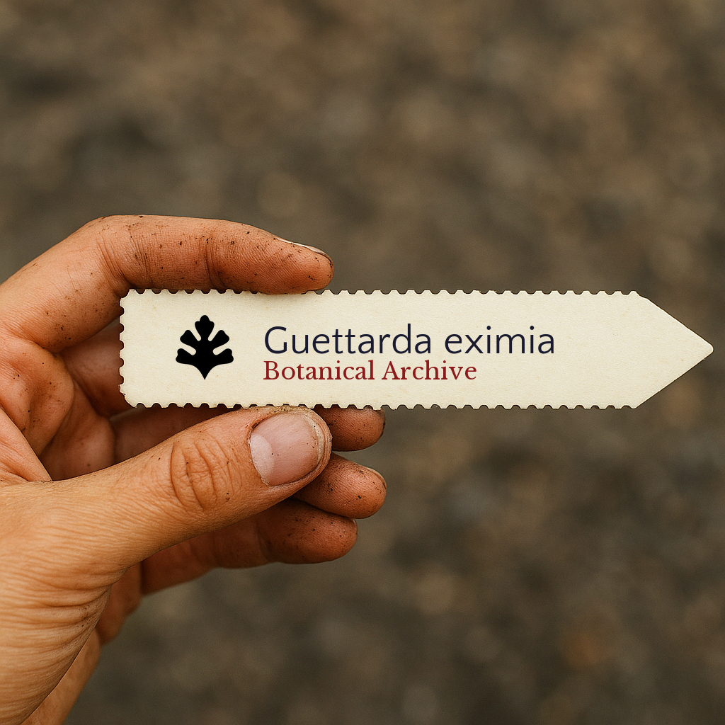 Printed plant label for Guettarda eximia held by dirty hand outdoors