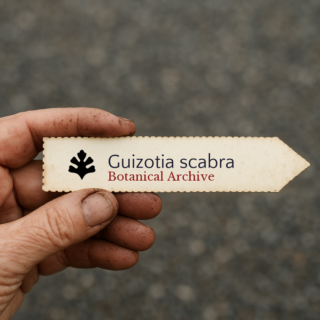 Etichetta stampata per pianta di Guizotia scabra tenuta a mano con terra sulle dita