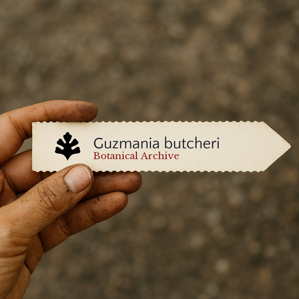 Etichetta per pianta stampata per Guzmania butcheri tenuta in mano con sfondo di terra