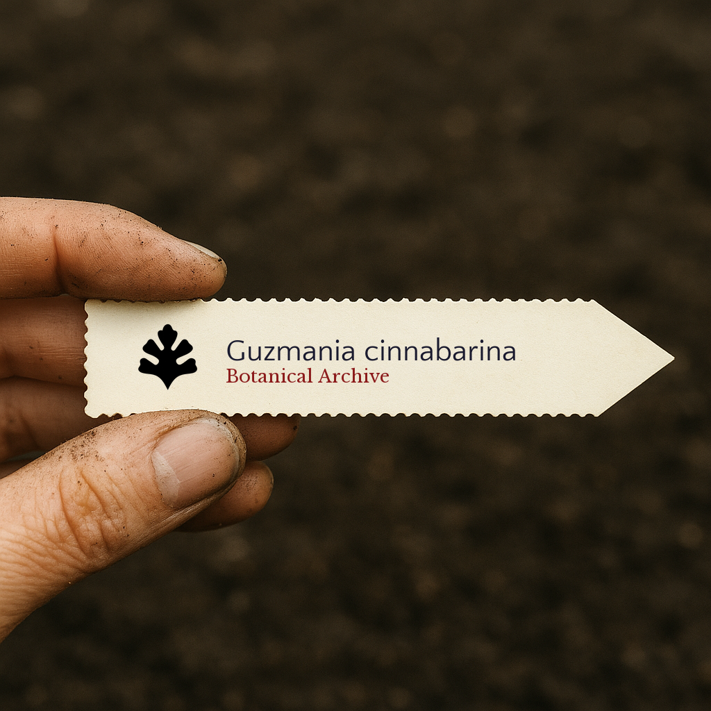 Printed plant label for Guzmania cinnabarina held over soil background