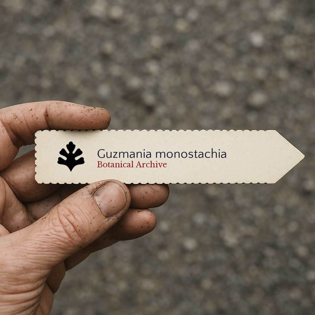 Etichetta stampata per pianta di Guzmania monostachia tenuta da una mano sporca all'aperto