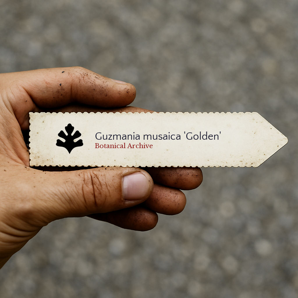 Printed plant label for Guzmania musaica 'Golden' held in dirty hand outdoors