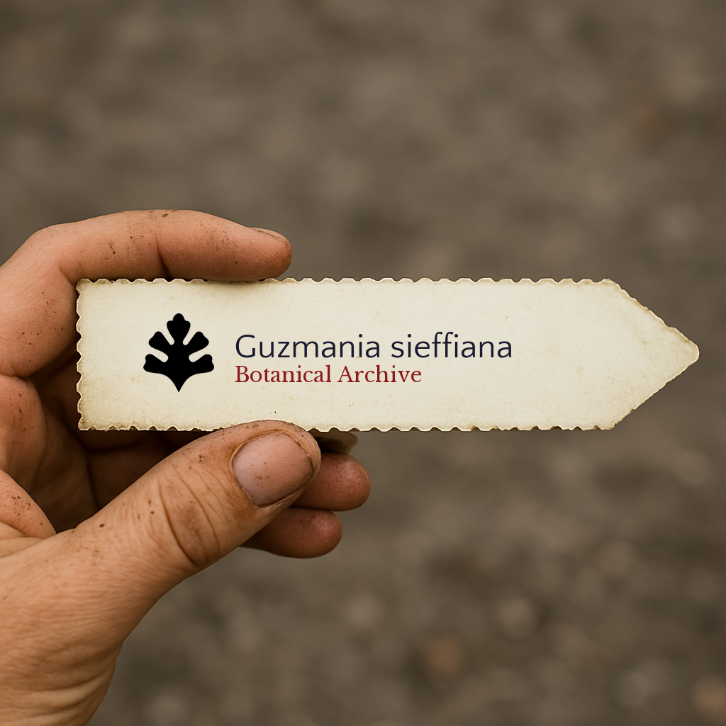 Printed plant label for Guzmania sieffiana with botanical archive logo held by hand
