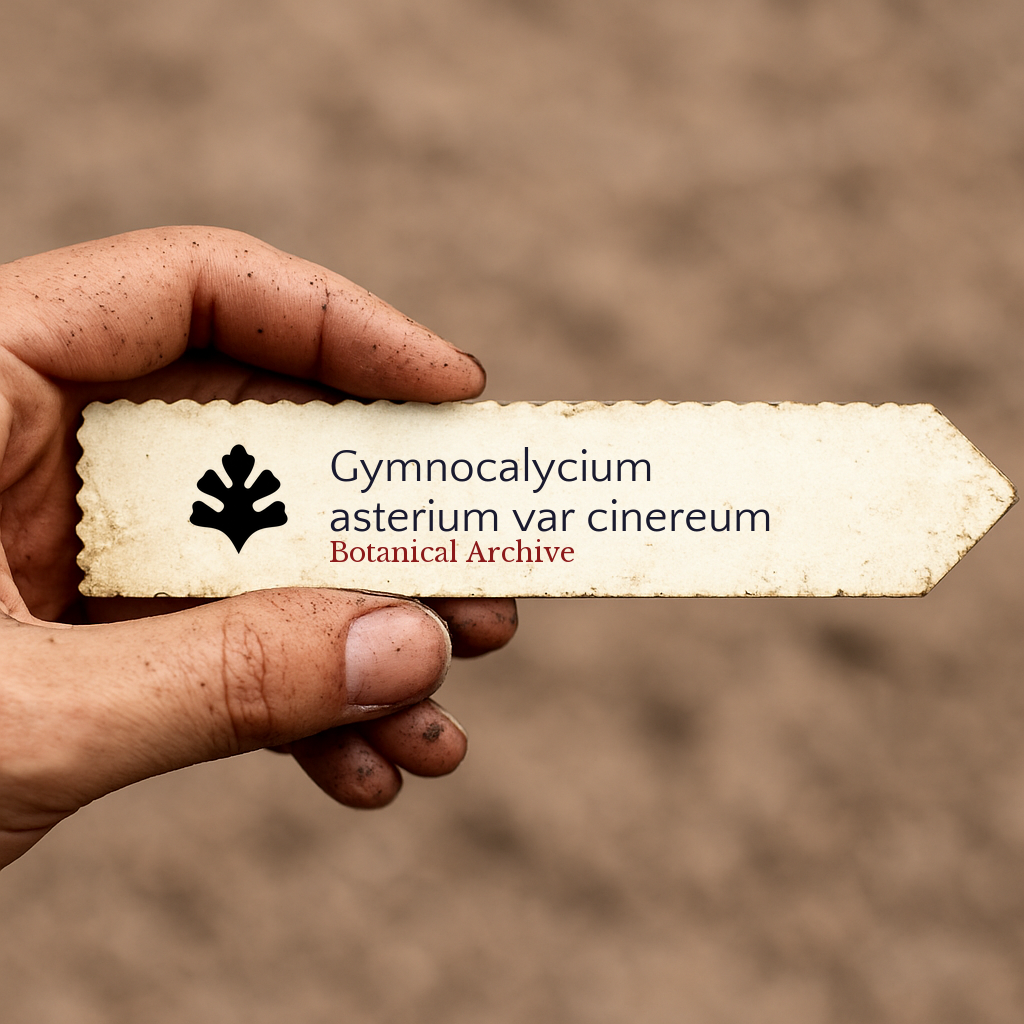Etichetta per piante stampata per Gymnocalycium asterium var cinereum tenuta da una mano sporca all'aperto