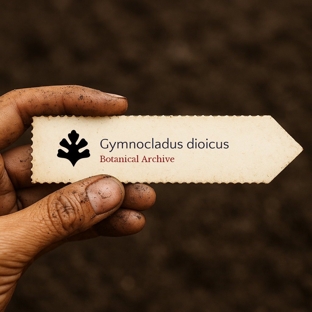 Etichetta per pianta stampata per Gymnocladus dioicus tenuta da una mano sporca su sfondo di terreno