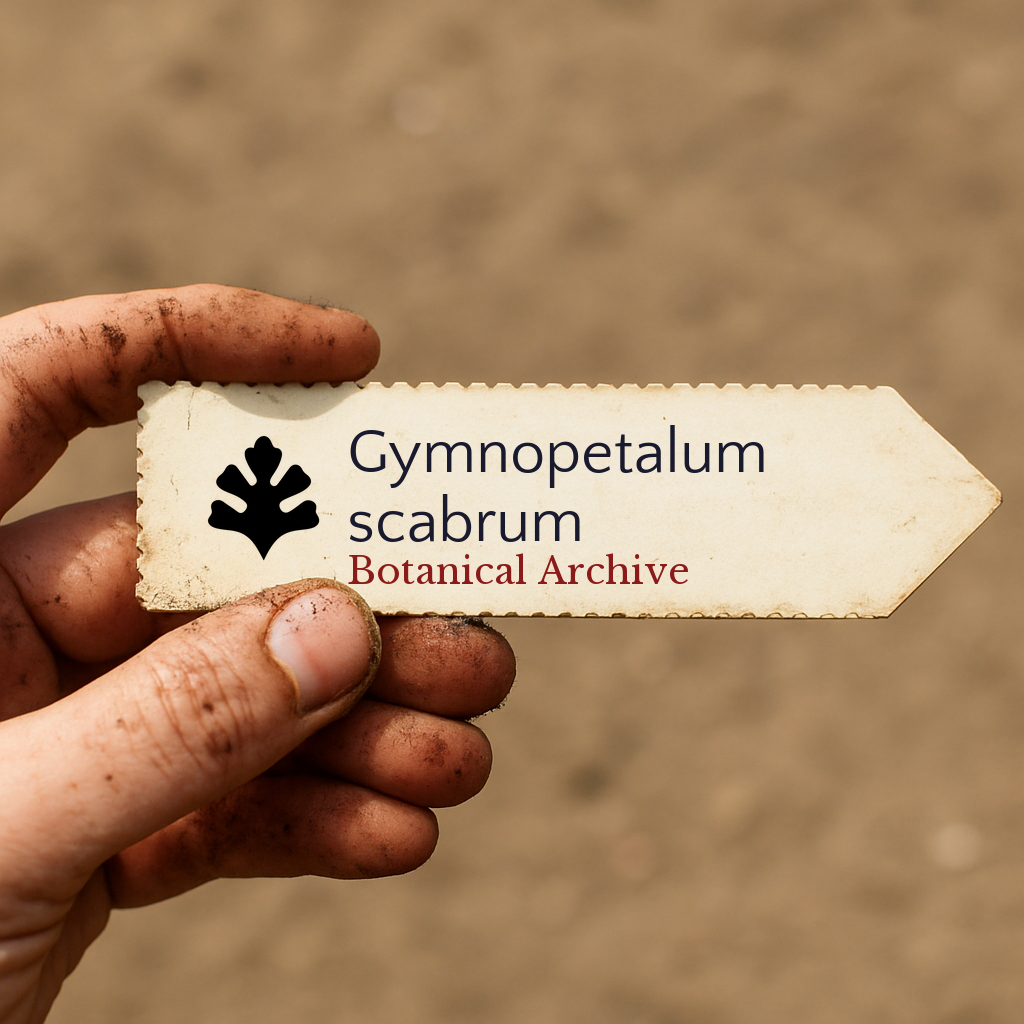 Printed plant label for Gymnopetalum scabrum held by dirty hand outdoors