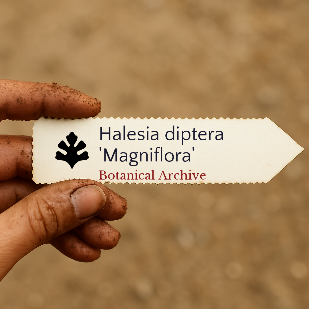 Printed plant label for Halesia diptera 'Magniflora' held by dirty hand against soil background