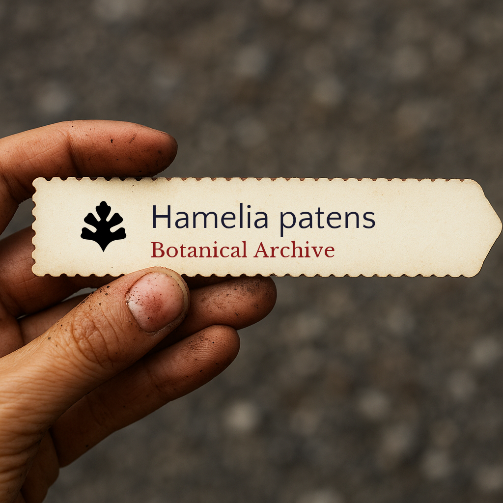 Printed plant label for Hamelia patens held by hand with soil-stained fingers