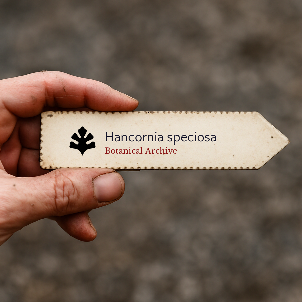 Printed plant label for Hancornia speciosa with botanical archive logo held in hand