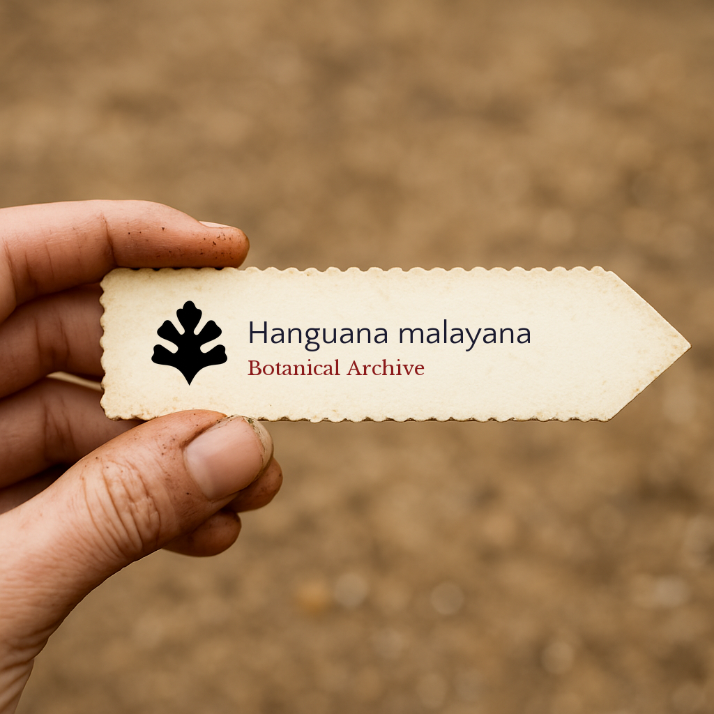 Printed plant label for Hanguana malayana with botanical archive logo held by hand