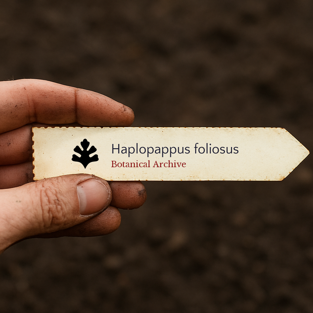Printed plant label for Haplopappus foliosus held by hand with soil background