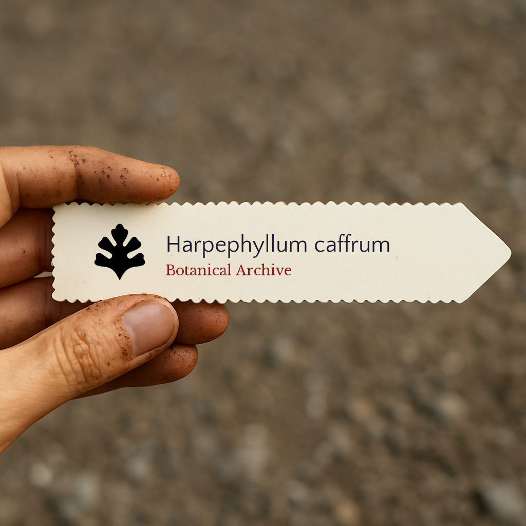 Etichetta per pianta stampata per Harpephyllum caffrum con logo di Botanical Archive tenuta da mano sporca