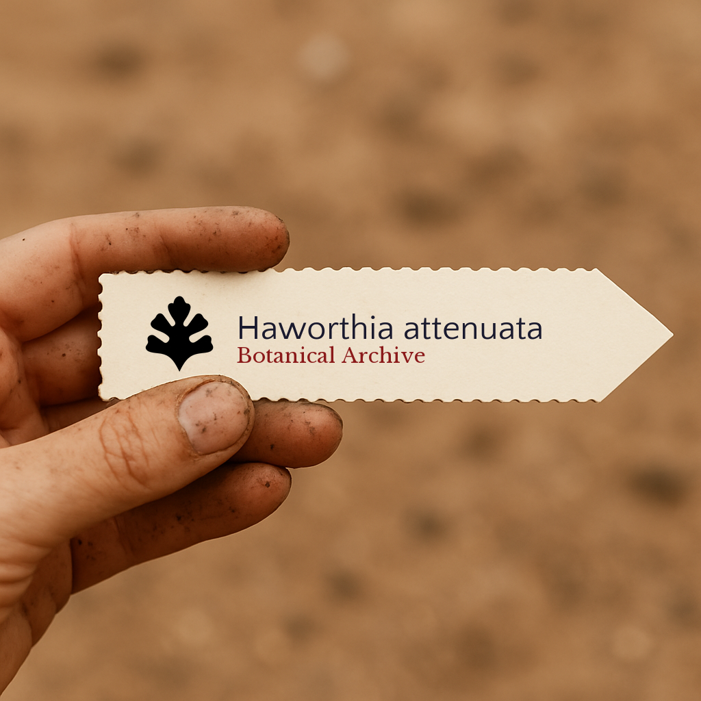 Printed plant label for Haworthia attenuata held by dirty hand outdoors
