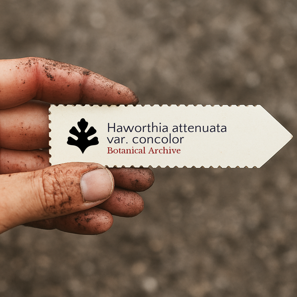 Printed plant label for Haworthia attenuata var. concolor held by dirty hand outdoors