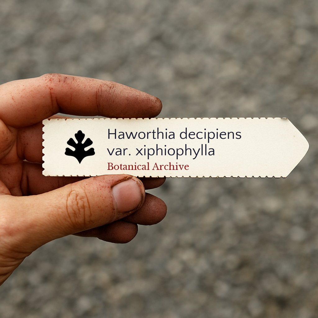 Printed plant label for Haworthia decipiens var. xiphiophylla held by dirty hand outdoors