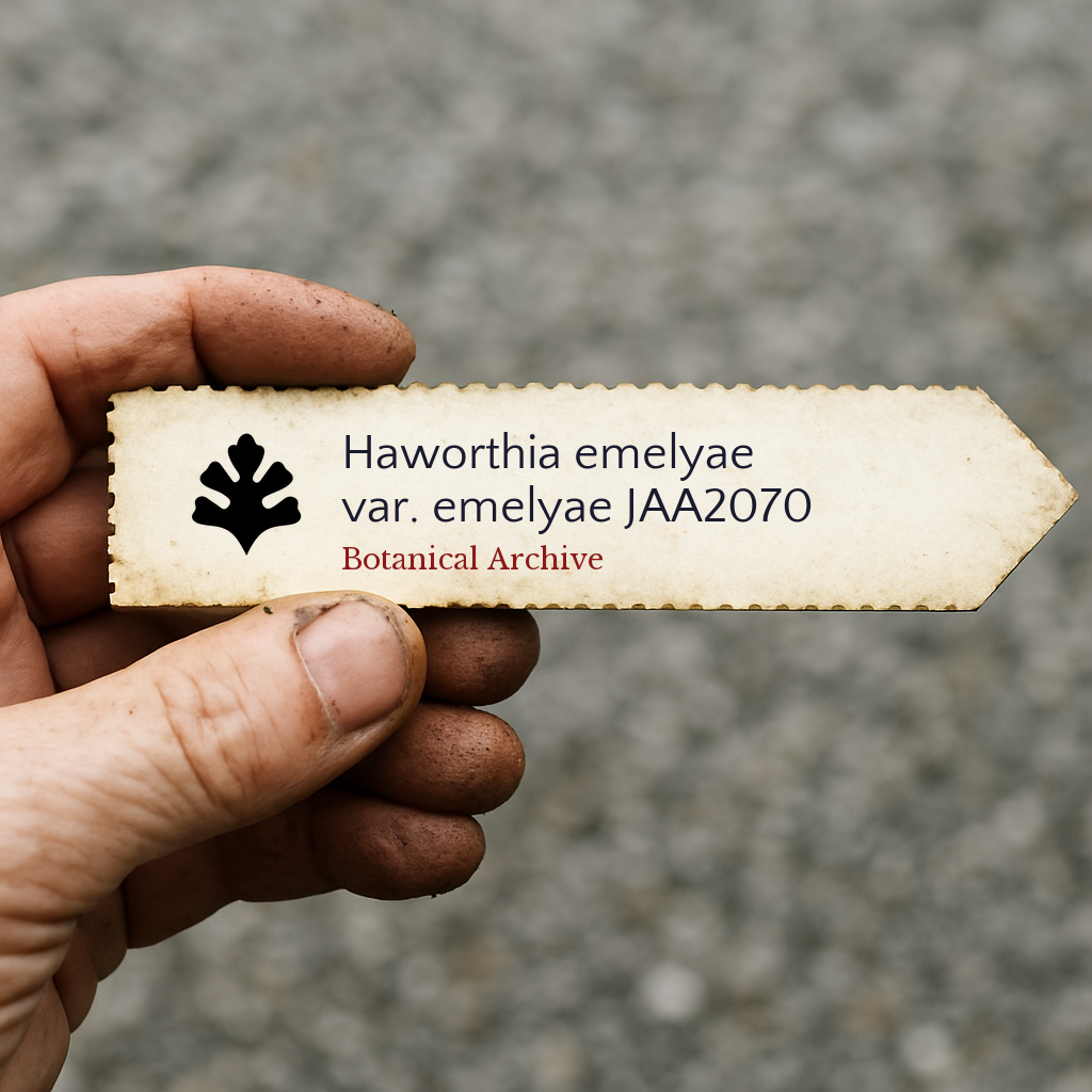 Printed plant label for Haworthia emelyae var. emelyae held by dirty hand