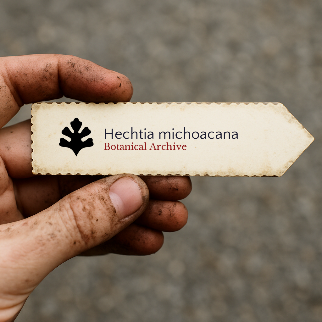Printed plant label for Hechtia michoacana held by dirty hand on blurred background