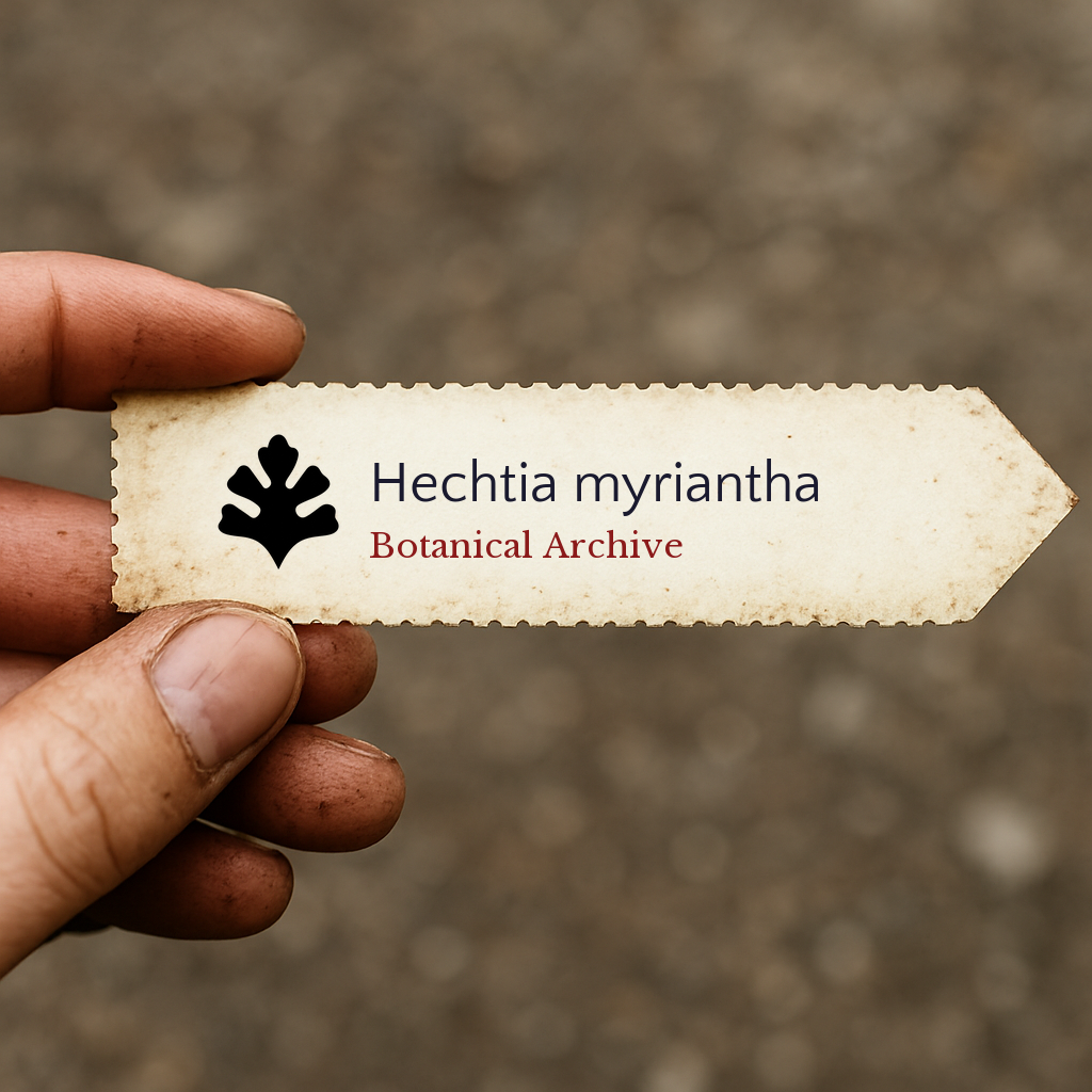 Printed plant label for Hechtia myriantha with botanical archive logo held by hand