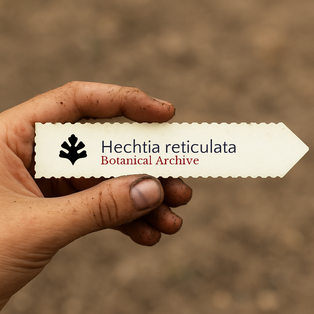 Etichetta stampata per pianta di Hechtia reticulata tenuta da una mano sporca contro lo sfondo di terreno