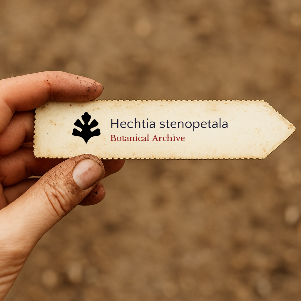 Printed plant label for Hechtia stenopetala held by dirty hand outdoors