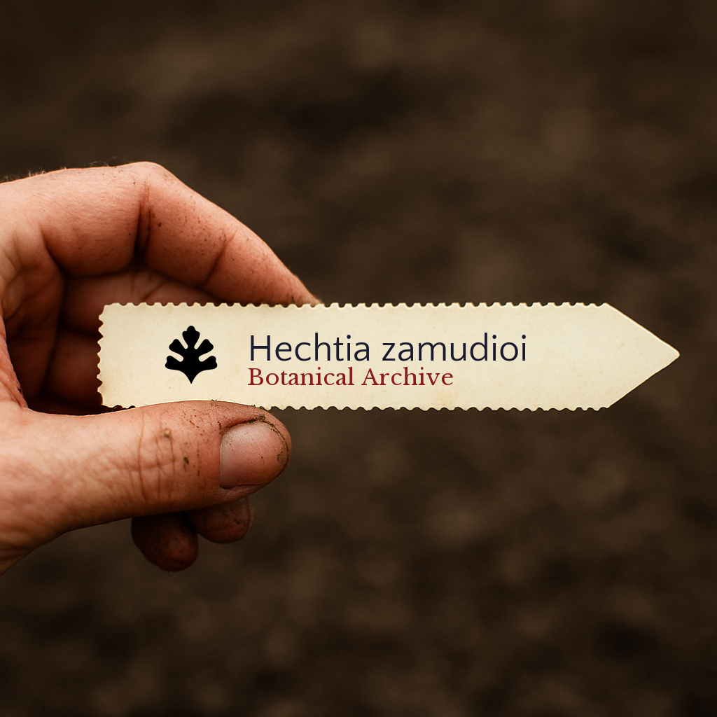 Etichetta della pianta con nome botanico Hechtia zamudioi tenuta a mano su sfondo di terreno