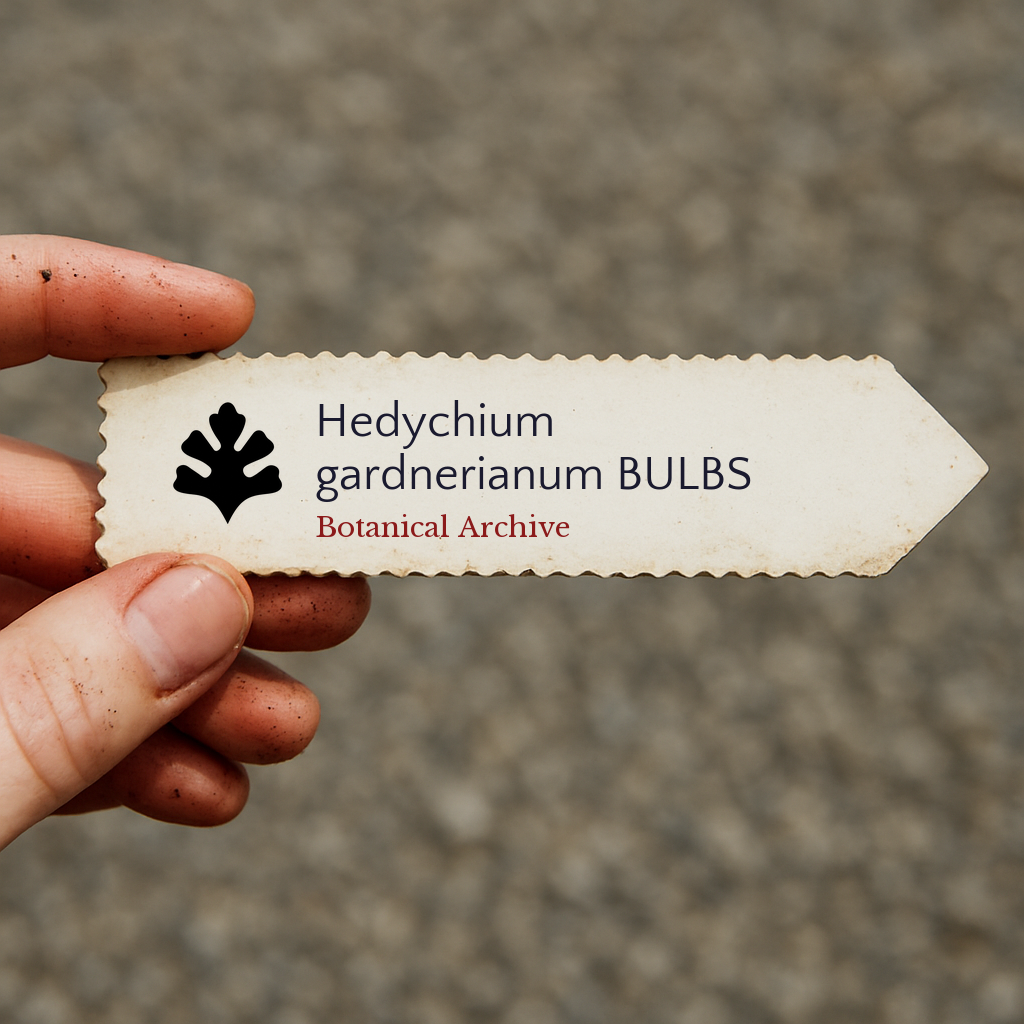 Etichetta per pianta stampata per bulbi di Hedychium gardnerianum con il logo Botanical Archive