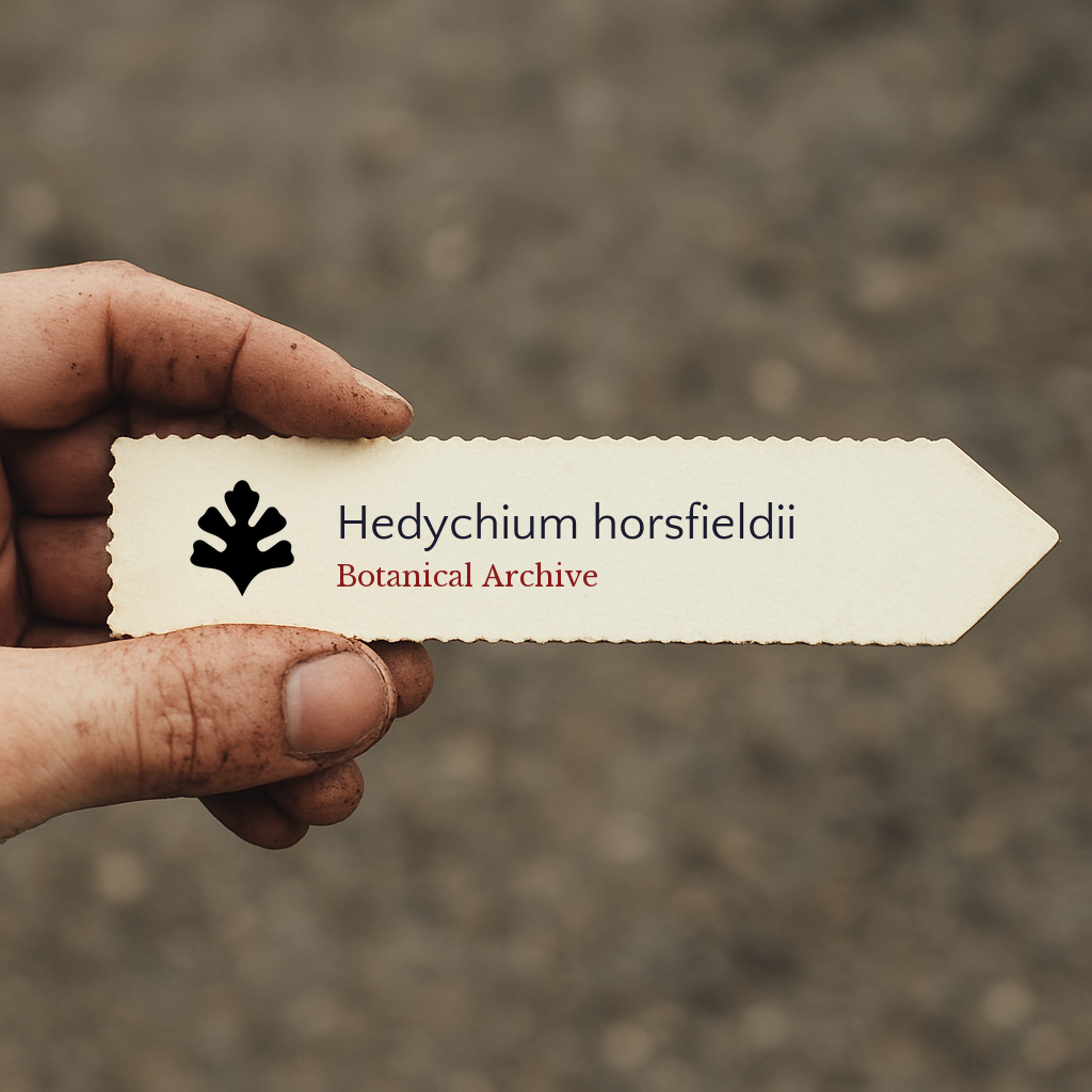 Etichetta della pianta stampata per Hedychium horsfieldii tenuta a mano con sfondo di terra