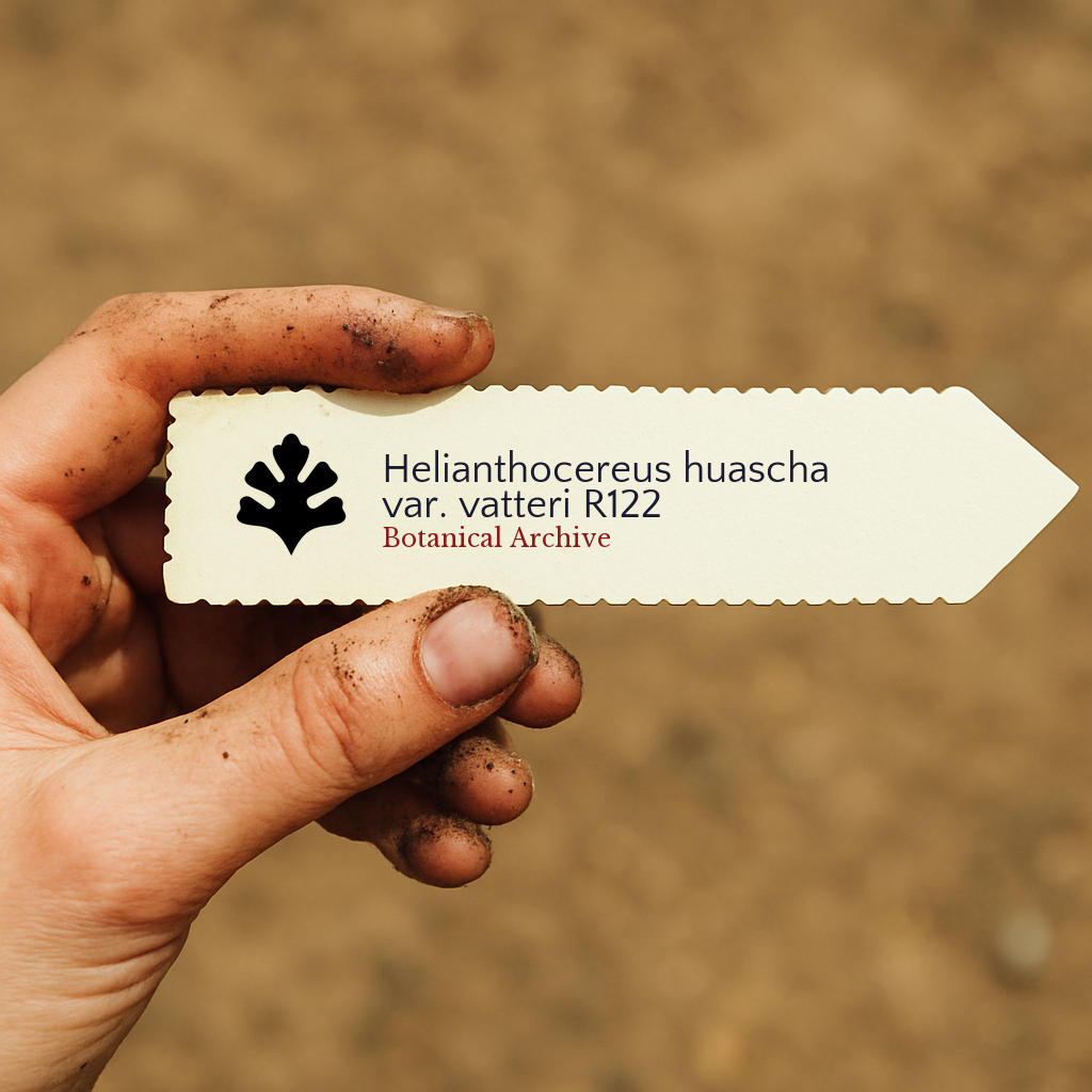Printed plant label for Helianthocereus huascha var. vatteri held by dirty hand outdoors