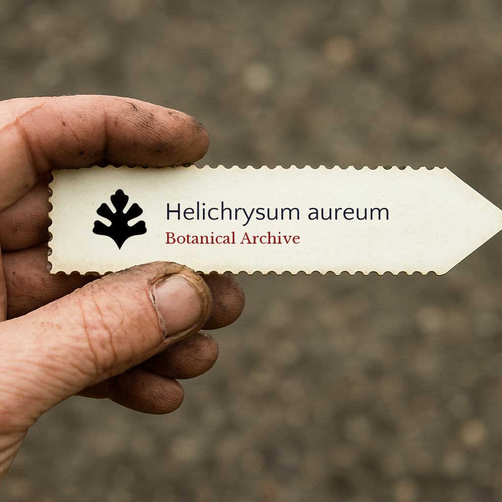 Etichetta stampata per pianta di Helichrysum aureum tenuta da mano sporca all'aperto