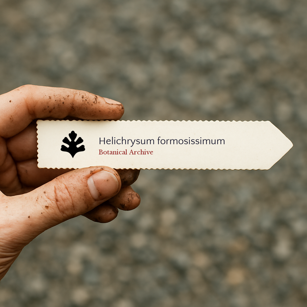 Printed plant label for Helichrysum formosissimum held by dirty hand outdoors