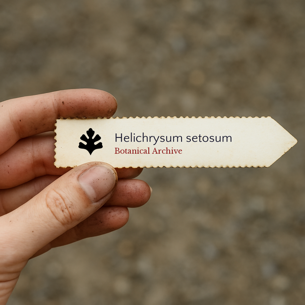 Etichetta stampata per pianta di Helichrysum setosum tenuta in mano con sfondo di terra