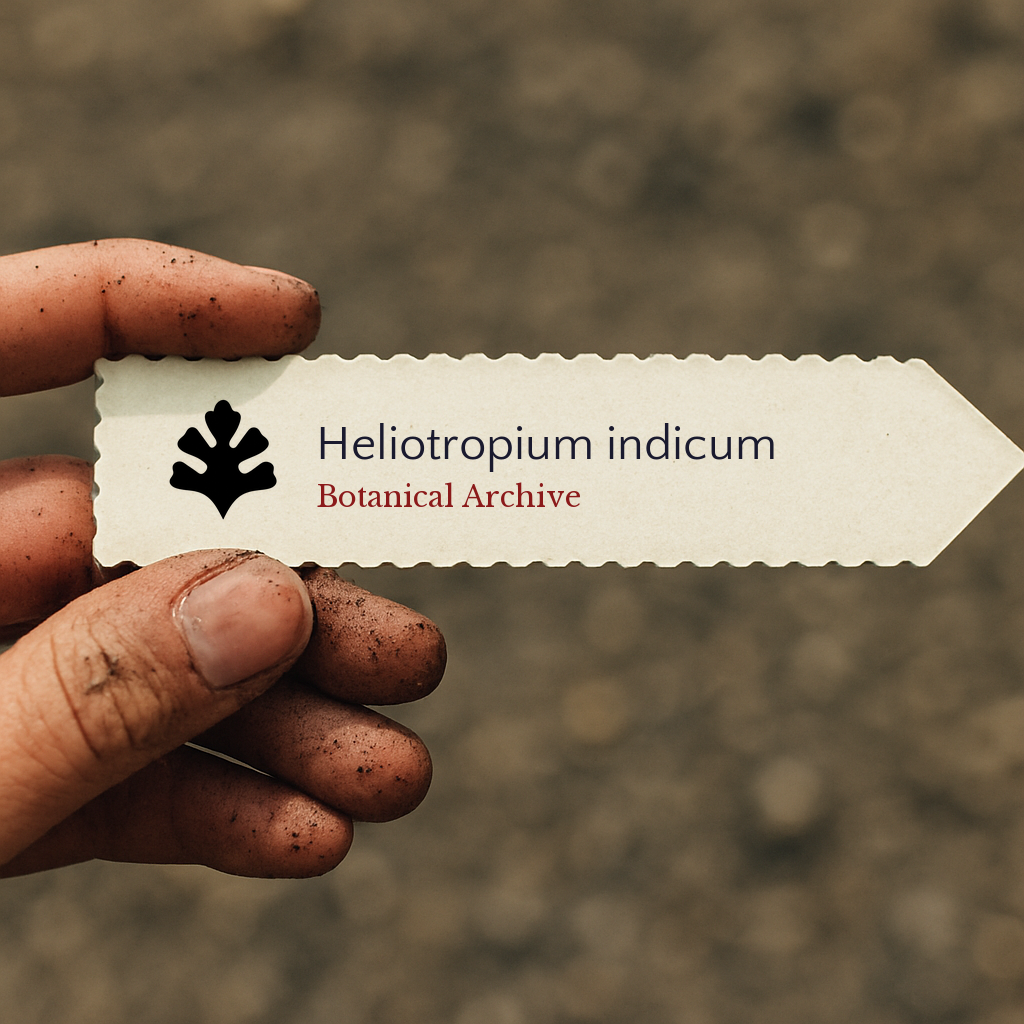 Etichetta per pianta stampata di Heliotropium indicum tenuta da mano sporca su sfondo di terreno