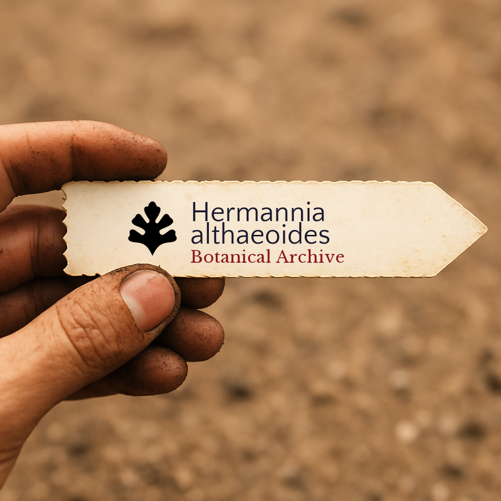 Etichetta stampata per pianta Hermannia althaeoides tenuta da mano sporca su sfondo di terreno
