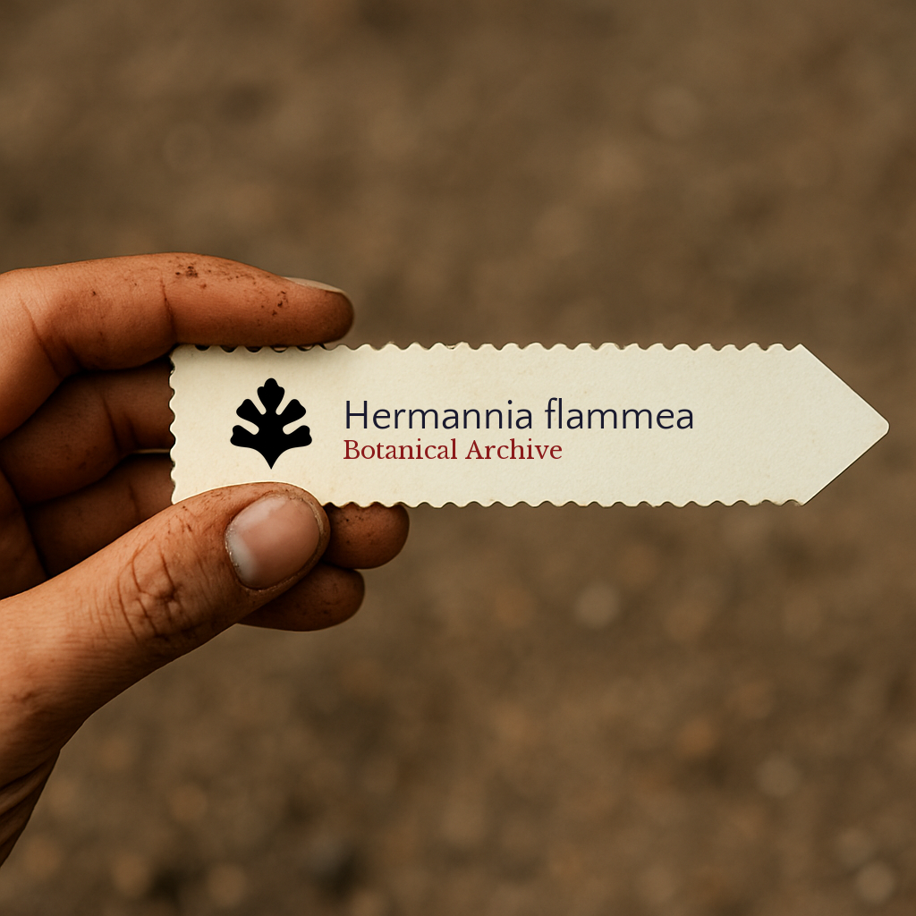 Printed plant label for Hermannia flammea held by hand with soil background