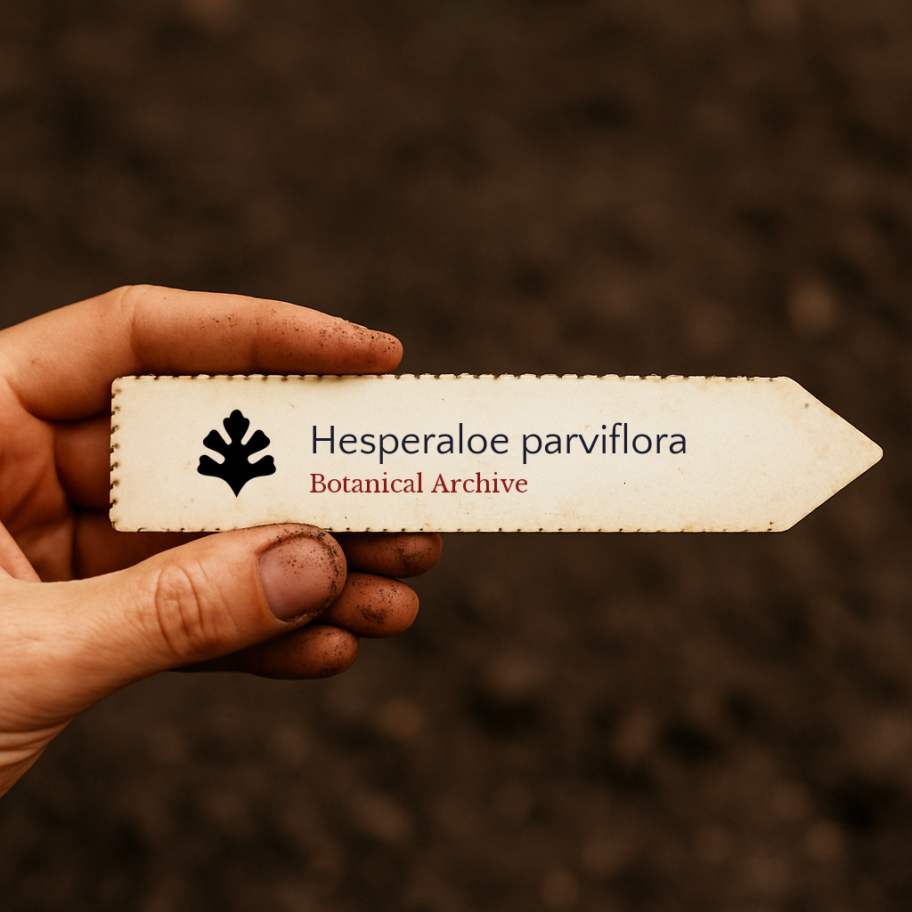 Etichetta stampata per pianta di Hesperaloe parviflora tenuta in mano con sfondo di terreno