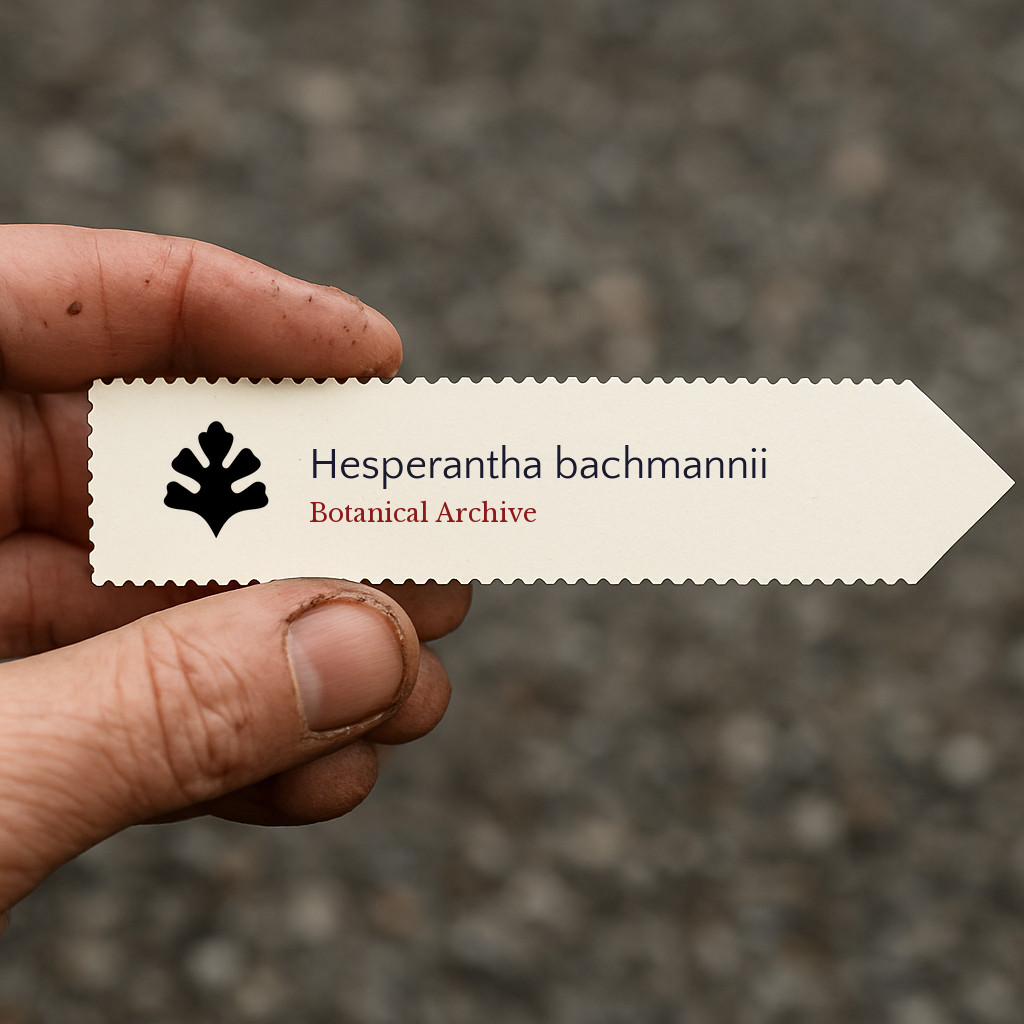 Printed plant label for Hesperantha bachmannii held by hand with blurred background