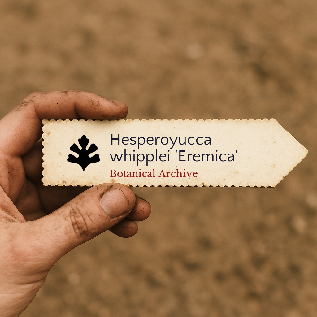 Etichetta stampata per pianta Hesperoyucca whipplei 'Eremica' tenuta in mano con sfondo di terreno