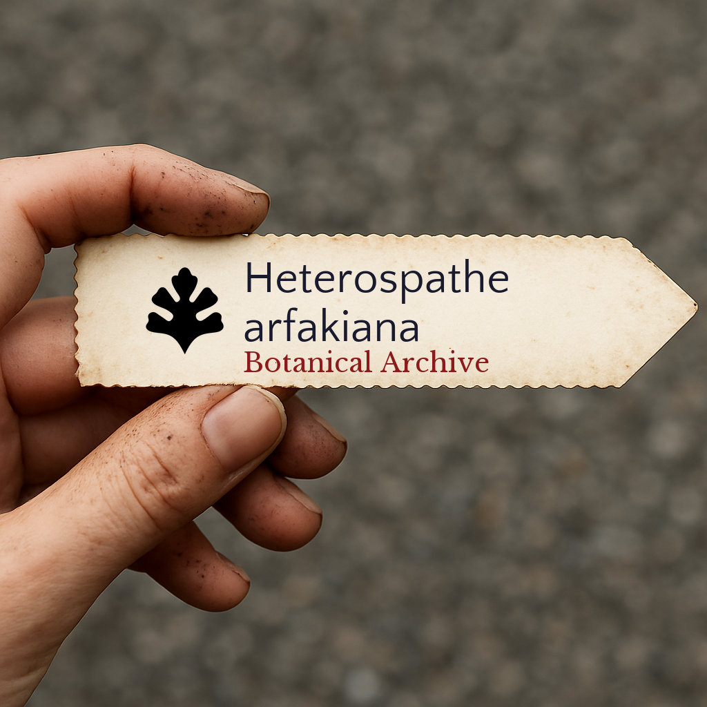 Printed plant label for Heterospathe arfakiana with botanical archive logo held by hand