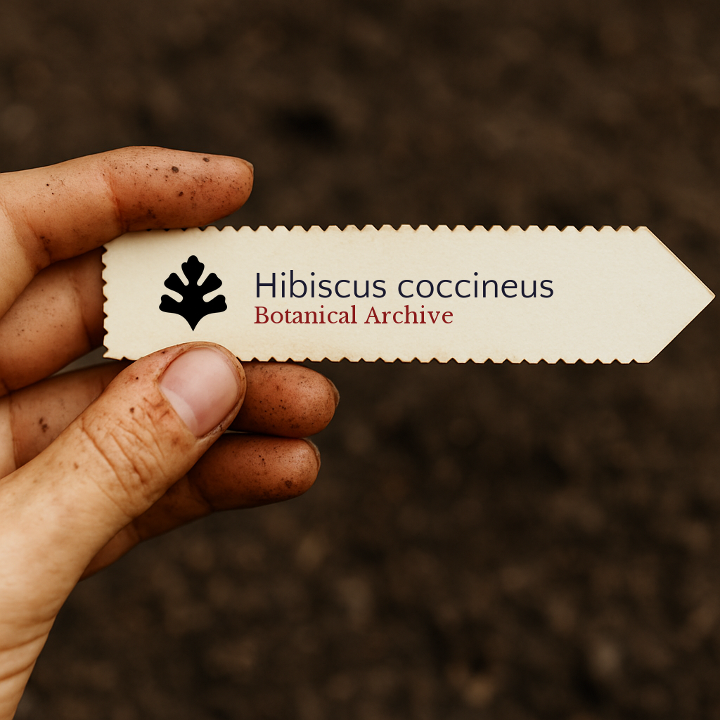 Etichetta per pianta stampata per Hibiscus coccineus tenuta da mano sporca su sfondo di terreno