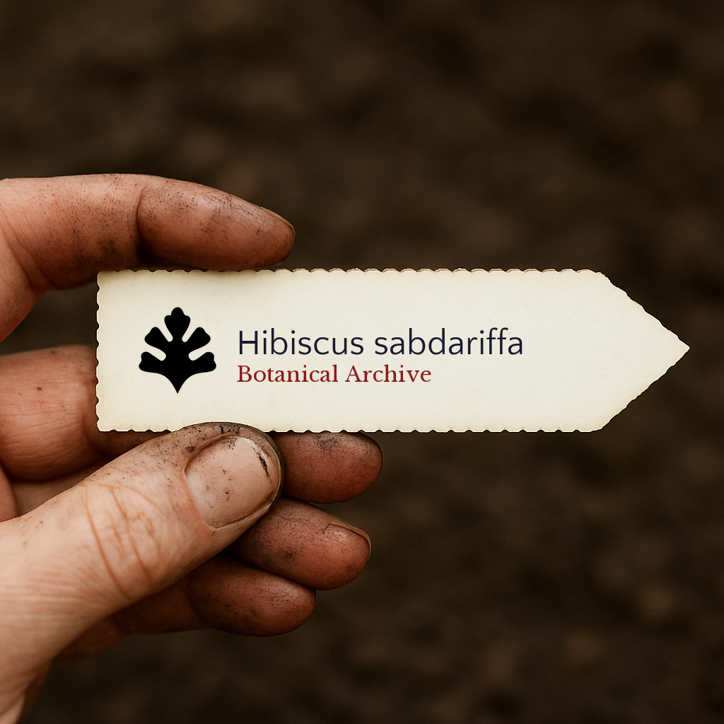 Etichetta per pianta stampata per Hibiscus sabdariffa tenuta da mano sporca su sfondo di terreno