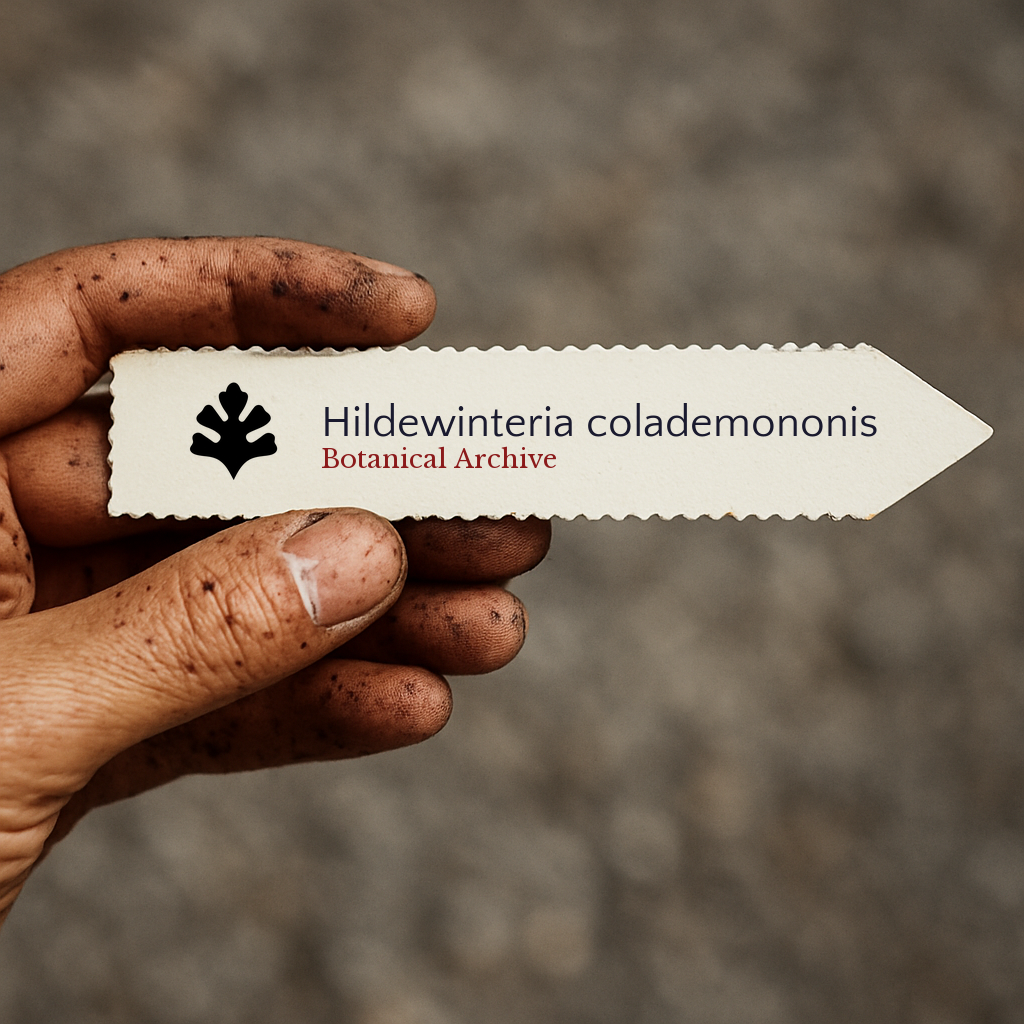 Etichetta stampata per pianta di Hildewinteria colademononis tenuta da mano sporca all'aperto