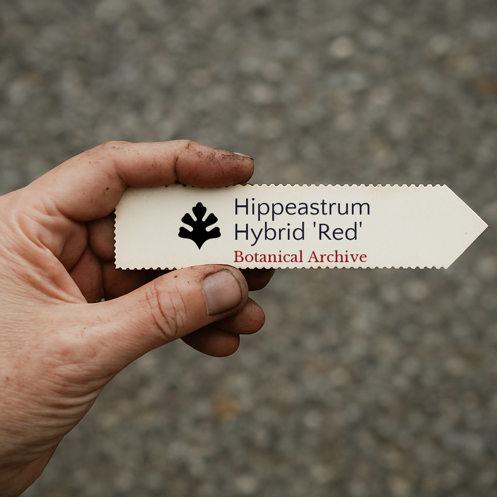 Printed plant label for Hippeastrum Hybrid 'Red' held by hand with dirt background