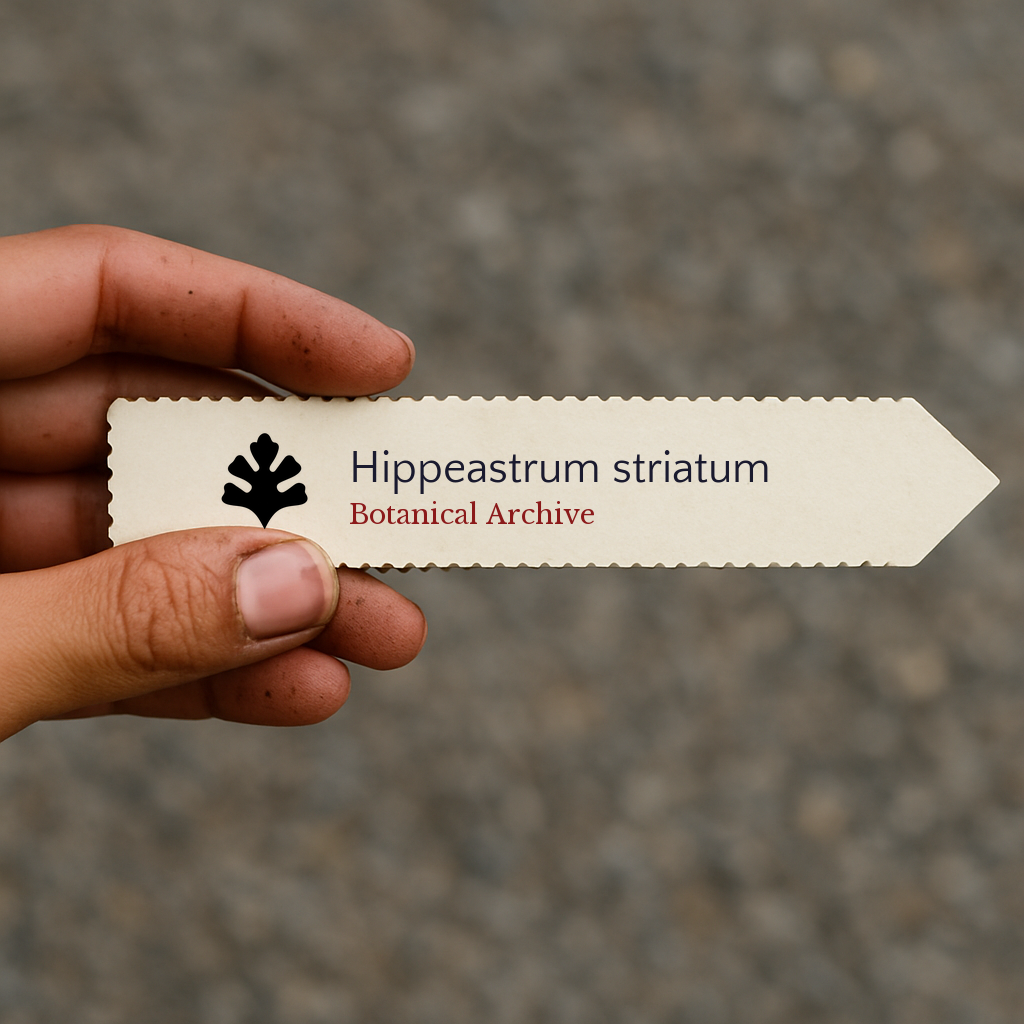 Etichetta per pianta stampata per Hippeastrum striatum tenuta in mano con sfondo di terra