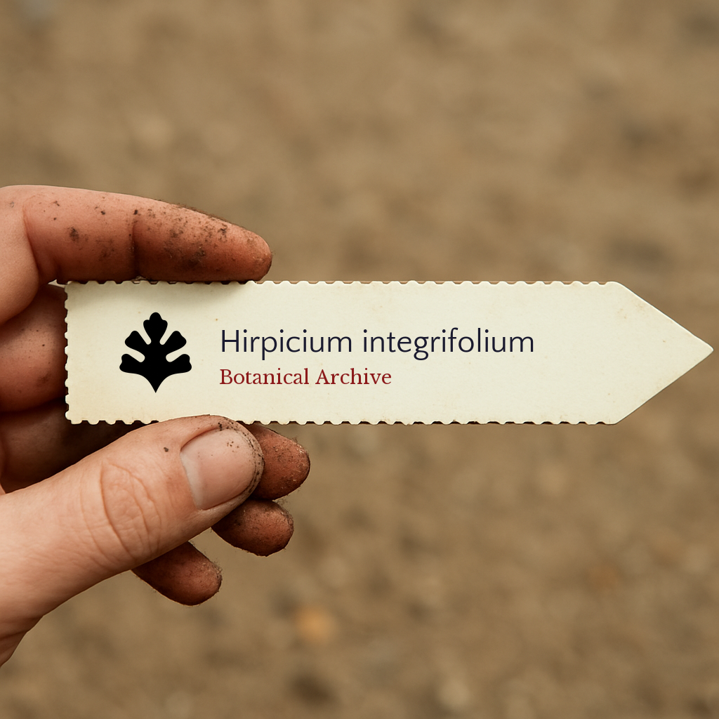 Etichetta per pianta stampata per Hirpicium integrifolium tenuta da mano sporca all'aperto