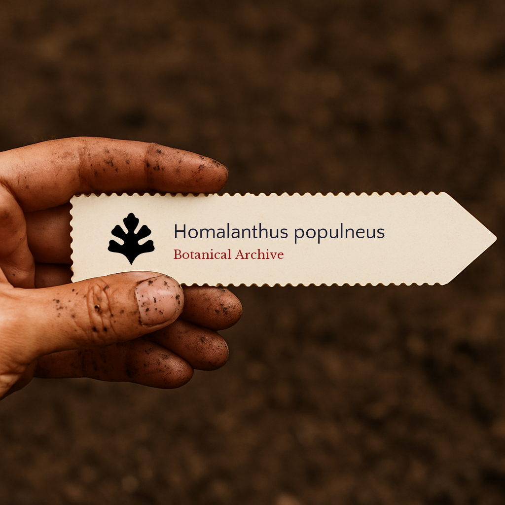 Printed plant label for Homalanthus populneus with botanical archive logo held over soil background