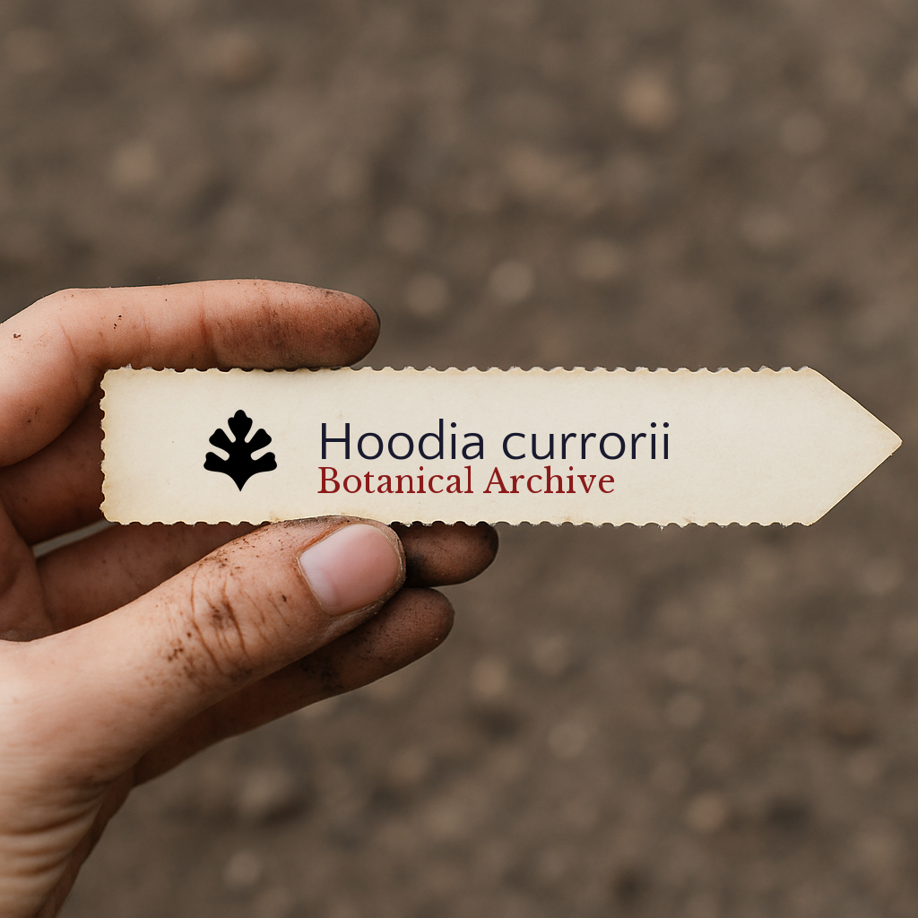 Printed plant label for Hoodia currorii held by dirty hand over soil background